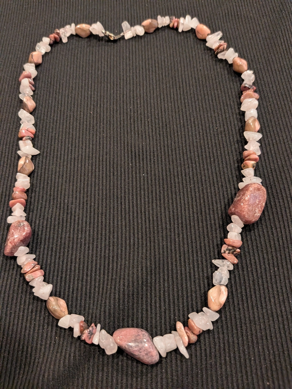 Beaded Necklace Made With Small Clear Quartz Crystal And Polished Pink Rhodonit
